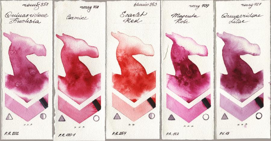 Roman Szmal Aquarius 358 Quinacridone Fuchsia vs Rosa Gallery 708 Carmine vs Shminke Horadam Aquarell 363 Scarlet Red vs 709 Magenta Rose vs 727 Quinacridone Lilac watercolor swatch
