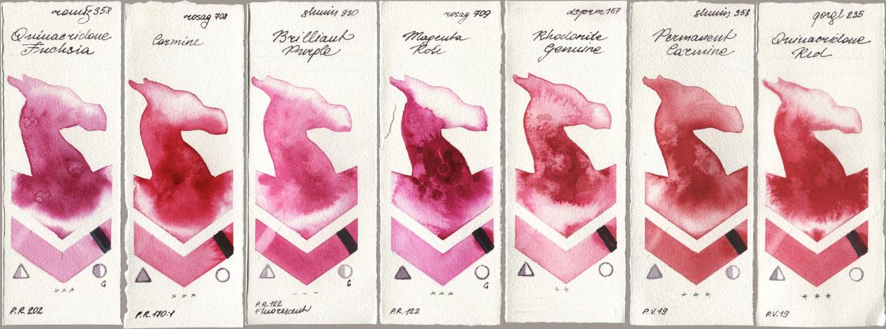 Roman Szmal Aquarius 358 Quinacridone Fuchsia, Rosa Gallery 708 Carmine, Shminke Horadam Aquarell 930 Brilliant Purple, 709 Magenta Rose, Daniel Smith 167 Rhodonite Genuine, 353 Permanent Carmine, Golden QOR 235 Quinacridone R watercolor swatch