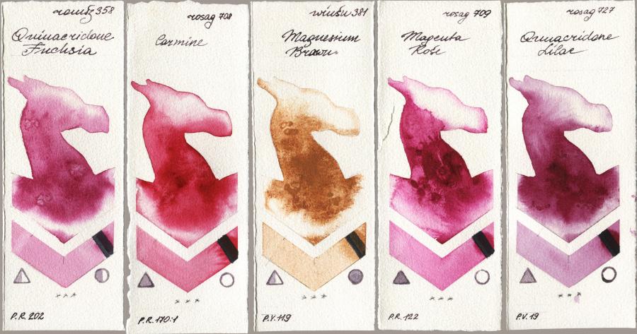 Roman Szmal Aquarius 358 Quinacridone Fuchsia vs Rosa Gallery 708 Carmine vs Winsor & Newton Professional 381 Magnesuim Brown vs 709 Magenta Rose vs 727 Quinacridone Lilac watercolor swatch
