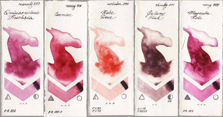 Roman Szmal Aquarius 358 Quinacridone Fuchsia vs Rosa Gallery 708 Carmine vs Winsor & Newton Professional 576 Rose Dore vs Shminke Horadam Aquarell 971 Galaxy Pink vs 709 Magenta Rose watercolor swatch