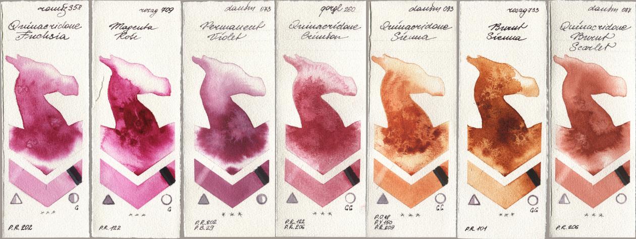 Roman Szmal Aquarius 358 Quinacridone Fuchsia, Rosa Gallery 709 Magenta Rose, Daniel Smith 073 Permanent Violet, Golden QOR 260 Quinacridone Crimson, 093 Quinacridone Sienna, 733 Burnt Sienna, 087 Quinacridone Burnt Scarl watercolor swatch