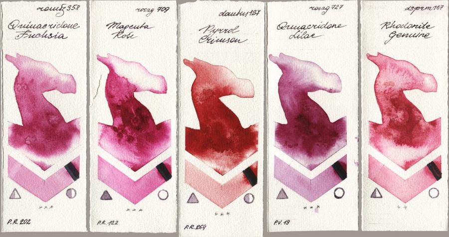 Roman Szmal Aquarius 358 Quinacridone Fuchsia vs Rosa Gallery 709 Magenta Rose vs Daniel Smith 127 Pyrrol Crimson vs 727 Quinacridone Lilac vs 167 Rhodonite Genuine watercolor swatch