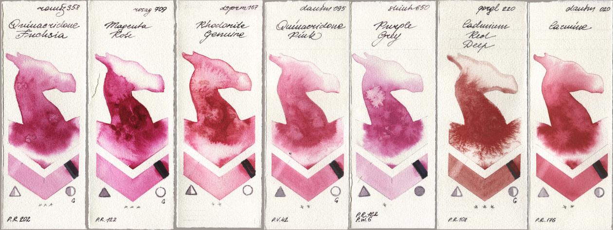 Roman Szmal Aquarius 358 Quinacridone Fuchsia, Rosa Gallery 709 Magenta Rose, Daniel Smith 167 Rhodonite Genuine, 095 Quinacridone Pink, Shinhan PWC 650 Purple Grey, Golden QOR 220 Cadmium Red Deep, 020 Carmi watercolor swatch