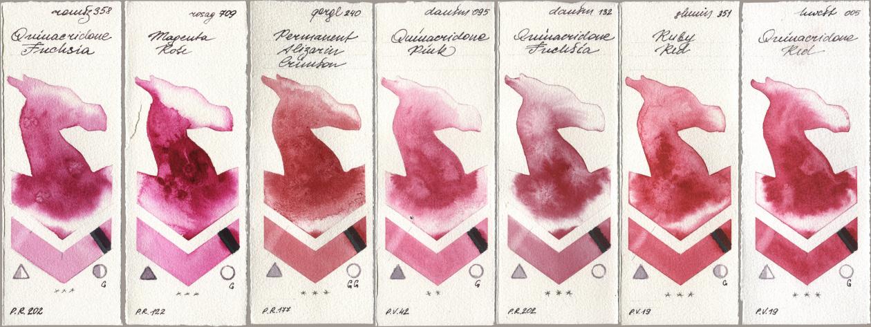 Roman Szmal Aquarius 358 Quinacridone Fuchsia, Rosa Gallery 709 Magenta Rose, Golden QOR 240 Permanent Alizarin Crimson, Daniel Smith 095 Quinacridone Pink, 132 Quinacridone Fuchsia, Shminke Horadam Aquarell 351 Ruby Red, Holbein Artists Watercolor 005 Quinacridone R watercolor swatch