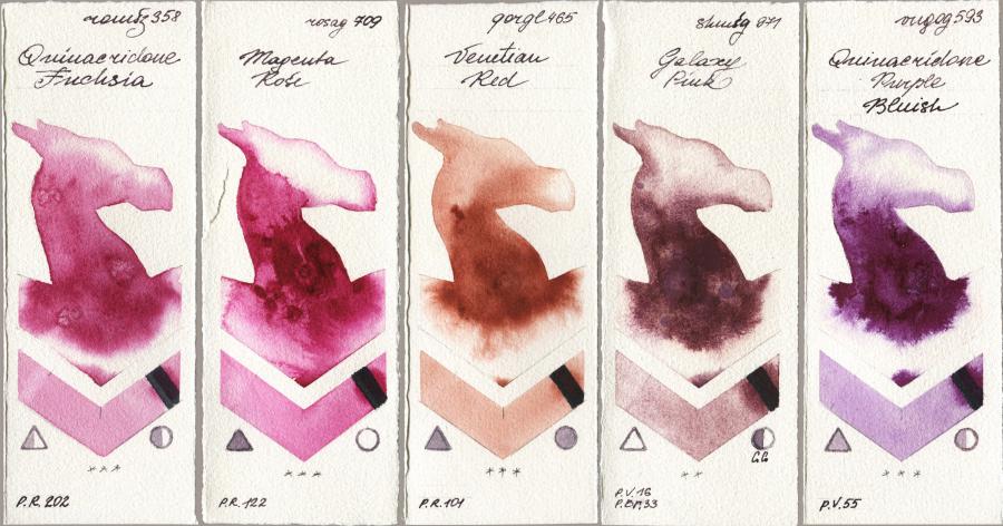 Roman Szmal Aquarius 358 Quinacridone Fuchsia vs Rosa Gallery 709 Magenta Rose vs Golden QOR 465 Venetian Red vs Shminke Horadam Aquarell 971 Galaxy Pink vs Royal Talens Van Gogh Watercolour 593 Quinacridone Purple Bluish watercolor swatch