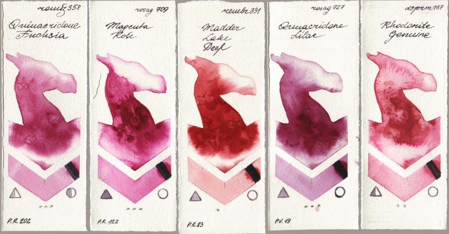 Roman Szmal Aquarius 358 Quinacridone Fuchsia vs Rosa Gallery 709 Magenta Rose vs Royal Talens Rembrandt Watercolour 331 Madder Lake Deep vs 727 Quinacridone Lilac vs Daniel Smith 167 Rhodonite Genuine watercolor swatch