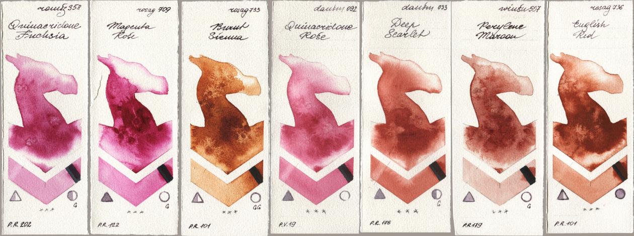 Roman Szmal Aquarius 358 Quinacridone Fuchsia, Rosa Gallery 709 Magenta Rose, 733 Burnt Sienna, Daniel Smith 092 Quinacridone Rose, 033 Deep Scarlet, Winsor & Newton Professional 507 Perylene Maroon, 736 English R watercolor swatch