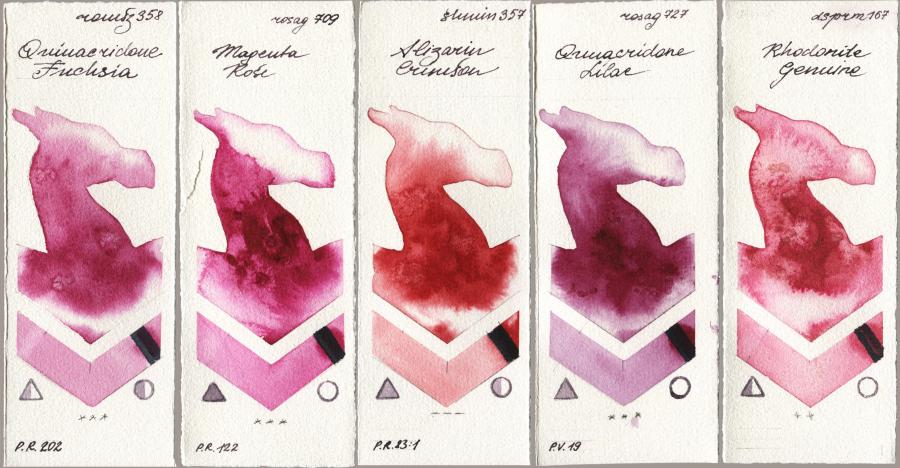 Roman Szmal Aquarius 358 Quinacridone Fuchsia vs Rosa Gallery 709 Magenta Rose vs Shminke Horadam Aquarell 357 Alizarin Crimson vs 727 Quinacridone Lilac vs Daniel Smith 167 Rhodonite Genuine watercolor swatch