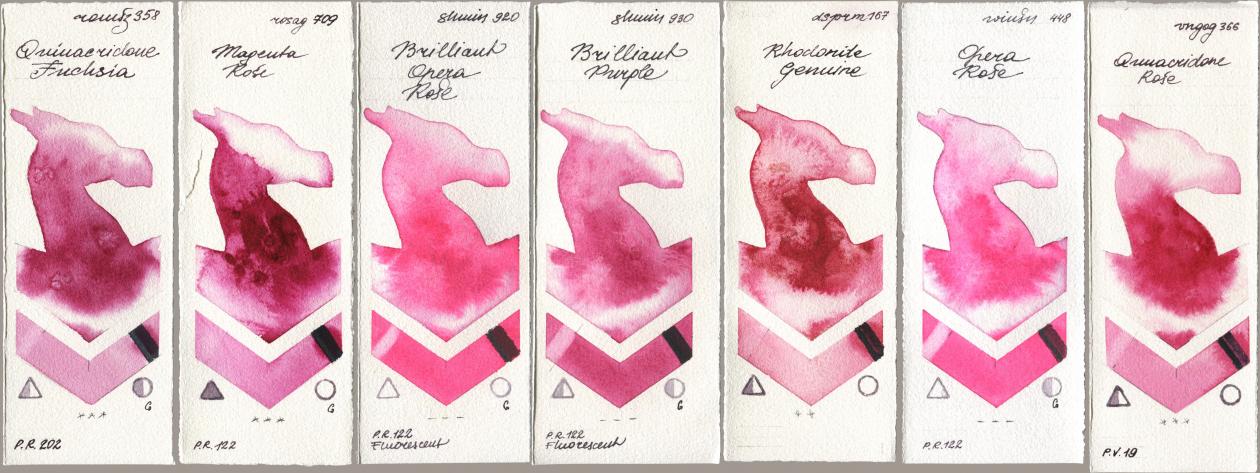 Roman Szmal Aquarius 358 Quinacridone Fuchsia, Rosa Gallery 709 Magenta Rose, Shminke Horadam Aquarell 920 Brilliant Opera Rose, 930 Brilliant Purple, Daniel Smith 167 Rhodonite Genuine, Winsor & Newton Professional 448 Opera Rose, Royal Talens Van Gogh Watercolour 366 Quinacridone Ro watercolor swatch