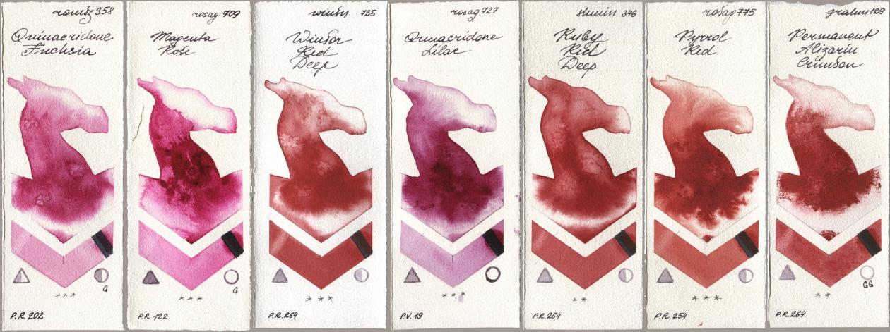 Roman Szmal Aquarius 358 Quinacridone Fuchsia, Rosa Gallery 709 Magenta Rose, Winsor & Newton Professional 725 Winsor Red Deep, 727 Quinacridone Lilac, Shminke Horadam Aquarell 346 Ruby Red Deep, 775 Pyrrole Red, M. Graham & Co. Artists 129 Permanent Alizarin Crims watercolor swatch