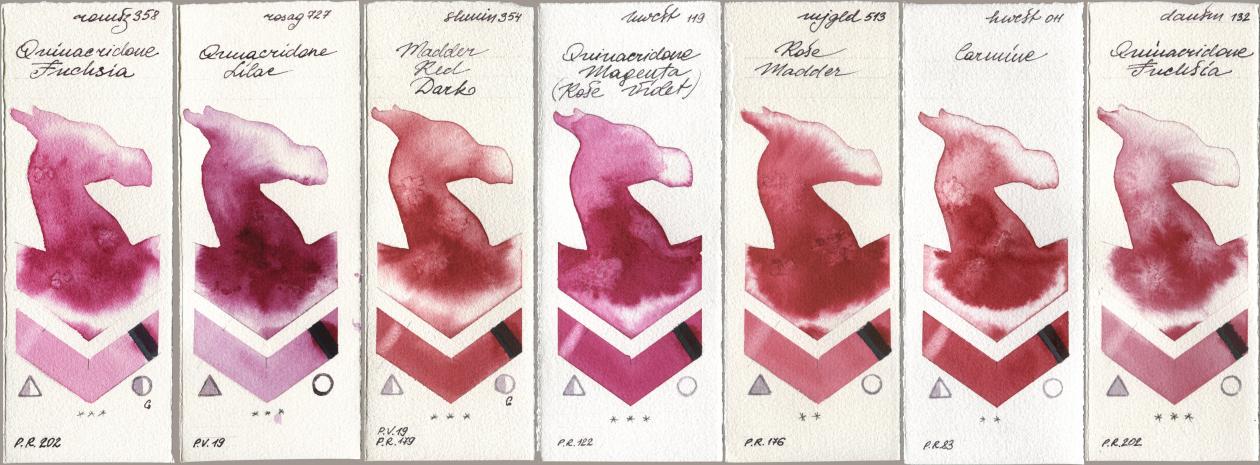 Roman Szmal Aquarius 358 Quinacridone Fuchsia, Rosa Gallery 727 Quinacridone Lilac, Shminke Horadam Aquarell 354 Madder Red Dark, Holbein Artists Watercolor 119 Quinacridone Magenta (Rose Violet), Mijello Mission Gold 513 Rose Madder, 011 Carmine, Daniel Smith 132 Quinacridone Fuchs watercolor swatch
