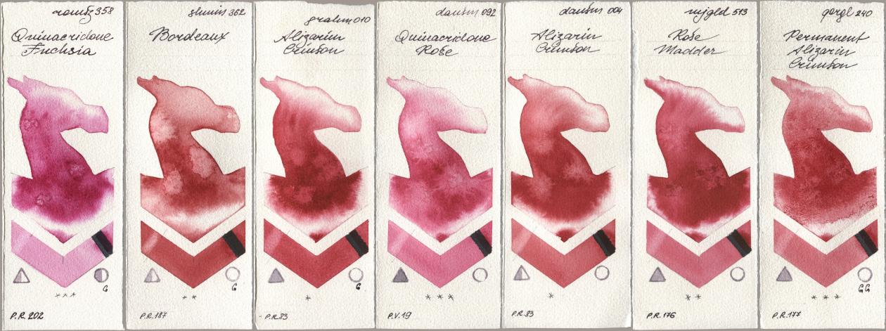 Roman Szmal Aquarius 358 Quinacridone Fuchsia, Shminke Horadam Aquarell 362 Bordeaux, M. Graham & Co. Artists 010 Alizarin Crimson, Daniel Smith 092 Quinacridone Rose, 004 Alizarin Crimson, Mijello Mission Gold 513 Rose Madder, Golden QOR 240 Permanent Alizarin Crims watercolor swatch