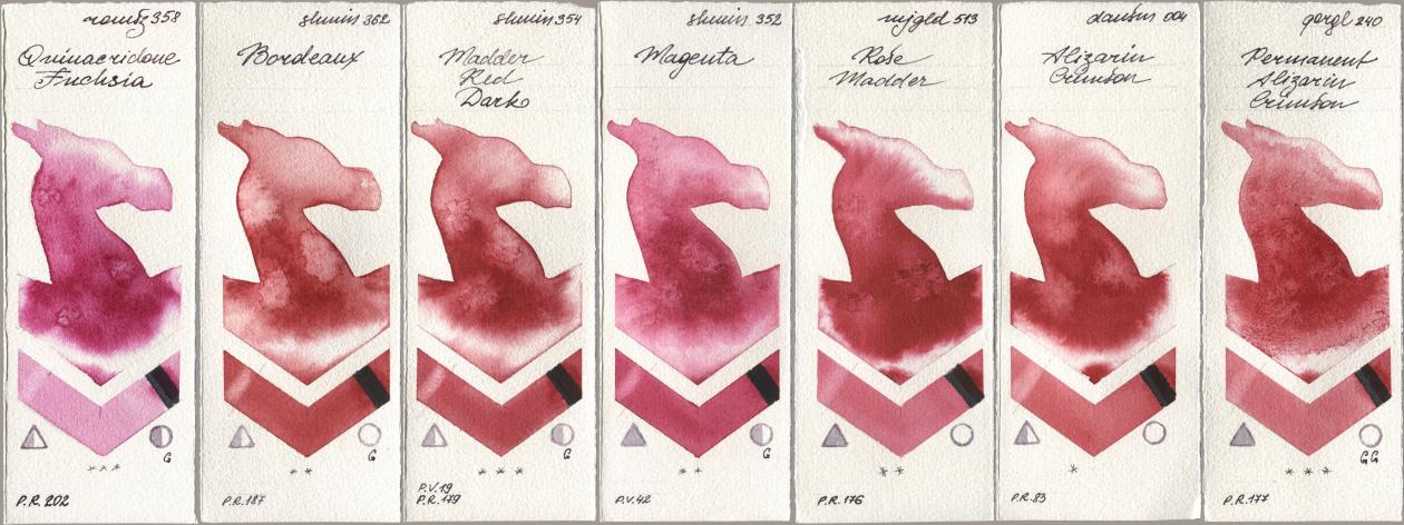 Roman Szmal Aquarius 358 Quinacridone Fuchsia, Shminke Horadam Aquarell 362 Bordeaux, 354 Madder Red Dark, 352 Magenta, Mijello Mission Gold 513 Rose Madder, Daniel Smith 004 Alizarin Crimson, Golden QOR 240 Permanent Alizarin Crims watercolor swatch
