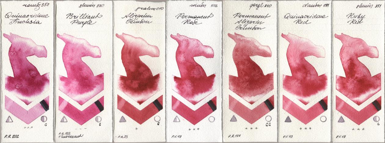 Roman Szmal Aquarius 358 Quinacridone Fuchsia, Shminke Horadam Aquarell 930 Brilliant Purple, M. Graham & Co. Artists 010 Alizarin Crimson, Winsor & Newton Professional 502 Permanent Rose, Golden QOR 240 Permanent Alizarin Crimson, Daniel Smith 091 Quinacridone Red, 351 Ruby R watercolor swatch