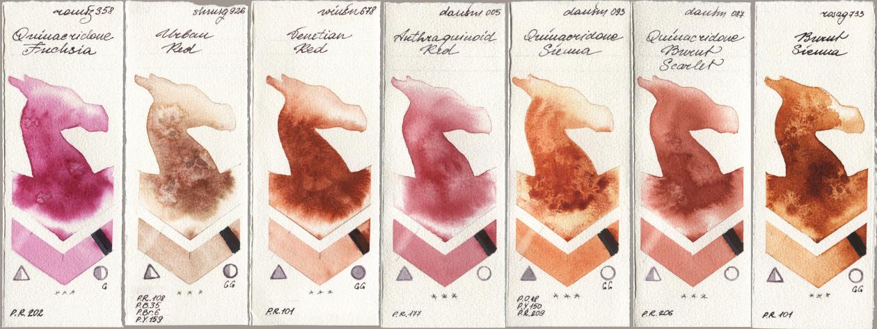Roman Szmal Aquarius 358 Quinacridone Fuchsia, Shminke Horadam Aquarell 926 Urban Red, Winsor & Newton Professional 678 Venetian Red, Daniel Smith 005 Anthraquinoid Red, 093 Quinacridone Sienna, 087 Quinacridone Burnt Scarlet, Rosa Gallery 733 Burnt Sien watercolor swatch