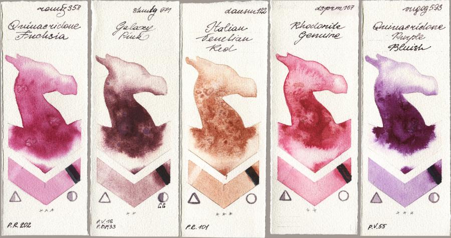 Roman Szmal Aquarius 358 Quinacridone Fuchsia vs Shminke Horadam Aquarell 971 Galaxy Pink vs Daniel Smith 122 Italian Venetian Red vs 167 Rhodonite Genuine vs Royal Talens Van Gogh Watercolour 593 Quinacridone Purple Bluish watercolor swatch