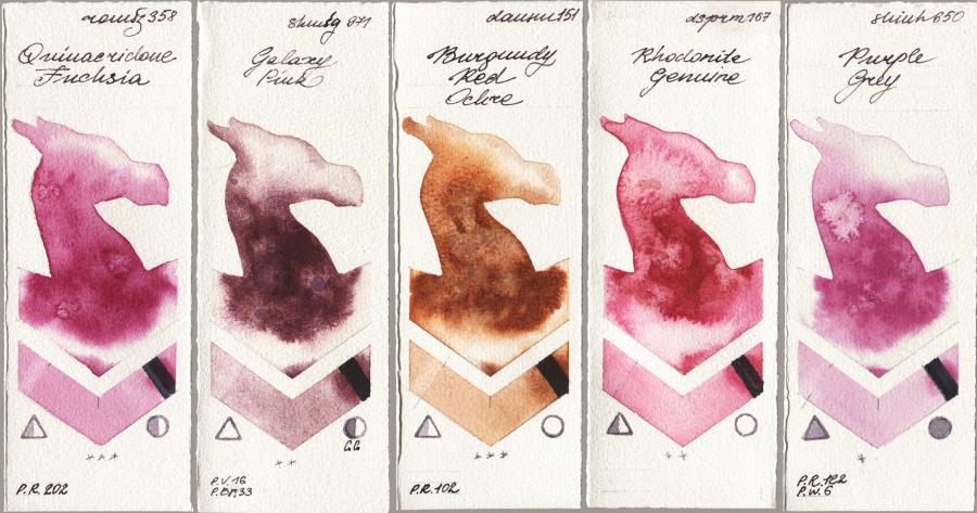 Roman Szmal Aquarius 358 Quinacridone Fuchsia vs Shminke Horadam Aquarell 971 Galaxy Pink vs Daniel Smith 151 Burgundy Red Ochre vs 167 Rhodonite Genuine vs Shinhan PWC 650 Purple Grey watercolor swatch