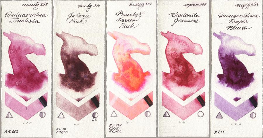 Roman Szmal Aquarius 358 Quinacridone Fuchsia vs Shminke Horadam Aquarell 971 Galaxy Pink vs Holbein Artists Watercolor 501 Bourkes Parrot Pink vs Daniel Smith 167 Rhodonite Genuine vs Royal Talens Van Gogh Watercolour 593 Quinacridone Purple Bluish watercolor swatch