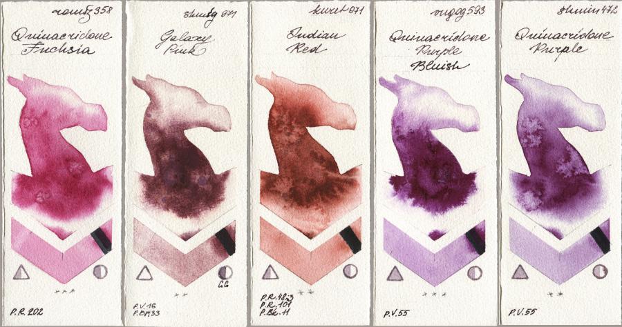 Roman Szmal Aquarius 358 Quinacridone Fuchsia vs Shminke Horadam Aquarell 971 Galaxy Pink vs Kuretake Gansai Tambi 071 Indian Red vs Royal Talens Van Gogh Watercolour 593 Quinacridone Purple Bluish vs 472 Quinacridone Purple watercolor swatch