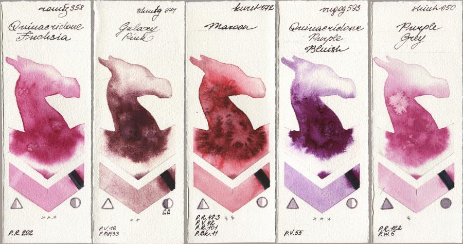 Roman Szmal Aquarius 358 Quinacridone Fuchsia vs Shminke Horadam Aquarell 971 Galaxy Pink vs Kuretake Gansai Tambi 072 Maroon vs Royal Talens Van Gogh Watercolour 593 Quinacridone Purple Bluish vs Shinhan PWC 650 Purple Grey watercolor swatch