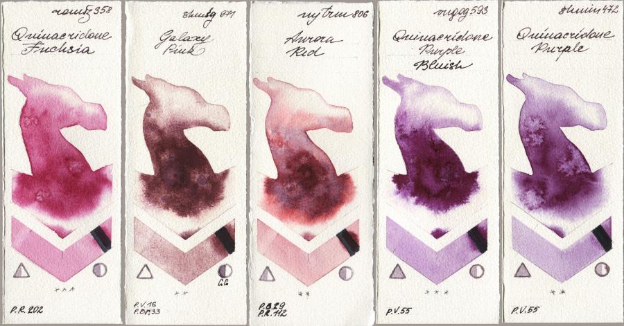 Roman Szmal Aquarius 358 Quinacridone Fuchsia vs Shminke Horadam Aquarell 971 Galaxy Pink vs Mijello Mission Gold 806 Aurora Red vs Royal Talens Van Gogh Watercolour 593 Quinacridone Purple Bluish vs 472 Quinacridone Purple watercolor swatch