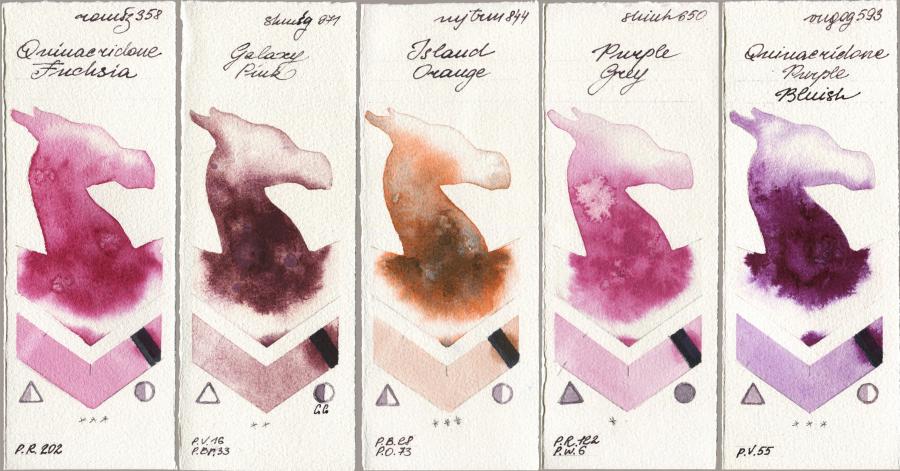 Roman Szmal Aquarius 358 Quinacridone Fuchsia vs Shminke Horadam Aquarell 971 Galaxy Pink vs Mijello Mission Gold 844 Island Orange vs Shinhan PWC 650 Purple Grey vs Royal Talens Van Gogh Watercolour 593 Quinacridone Purple Bluish watercolor swatch