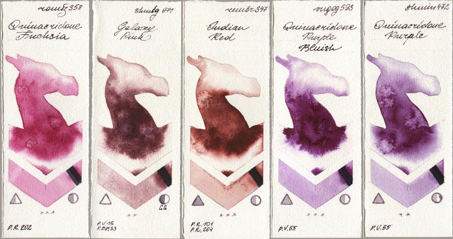 Roman Szmal Aquarius 358 Quinacridone Fuchsia vs Shminke Horadam Aquarell 971 Galaxy Pink vs Royal Talens Rembrandt Watercolour 347 Indian Red vs Royal Talens Van Gogh Watercolour 593 Quinacridone Purple Bluish vs 472 Quinacridone Purple watercolor swatch