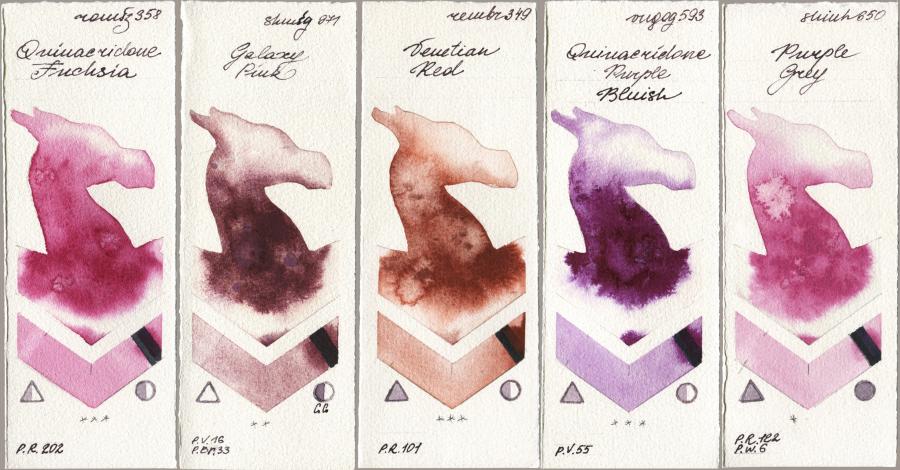 Roman Szmal Aquarius 358 Quinacridone Fuchsia vs Shminke Horadam Aquarell 971 Galaxy Pink vs Royal Talens Rembrandt Watercolour 349 Venerian Red vs Royal Talens Van Gogh Watercolour 593 Quinacridone Purple Bluish vs Shinhan PWC 650 Purple Grey watercolor swatch