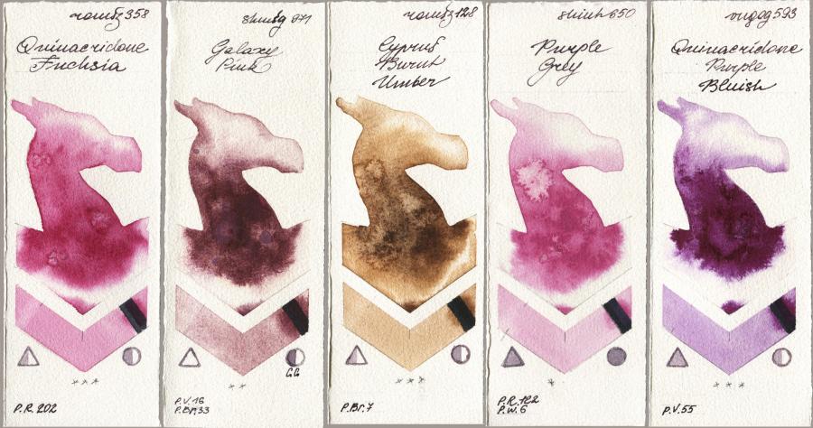 Roman Szmal Aquarius 358 Quinacridone Fuchsia vs Shminke Horadam Aquarell 971 Galaxy Pink vs 128 Cyprus Burnt Umber vs Shinhan PWC 650 Purple Grey vs Royal Talens Van Gogh Watercolour 593 Quinacridone Purple Bluish watercolor swatch