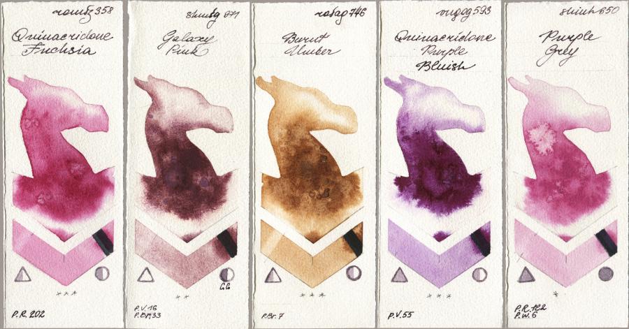 Roman Szmal Aquarius 358 Quinacridone Fuchsia vs Shminke Horadam Aquarell 971 Galaxy Pink vs Rosa Gallery 746 Burnt Umber vs Royal Talens Van Gogh Watercolour 593 Quinacridone Purple Bluish vs Shinhan PWC 650 Purple Grey watercolor swatch