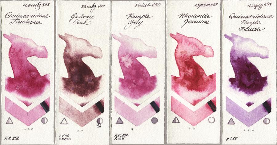 Roman Szmal Aquarius 358 Quinacridone Fuchsia vs Shminke Horadam Aquarell 971 Galaxy Pink vs Shinhan PWC 650 Purple Grey vs Daniel Smith 167 Rhodonite Genuine vs Royal Talens Van Gogh Watercolour 593 Quinacridone Purple Bluish watercolor swatch