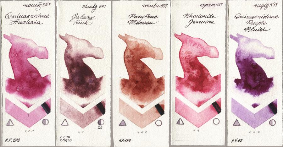 Roman Szmal Aquarius 358 Quinacridone Fuchsia vs Shminke Horadam Aquarell 971 Galaxy Pink vs Winsor & Newton Professional 507 Perylene Maroon vs Daniel Smith 167 Rhodonite Genuine vs Royal Talens Van Gogh Watercolour 593 Quinacridone Purple Bluish watercolor swatch