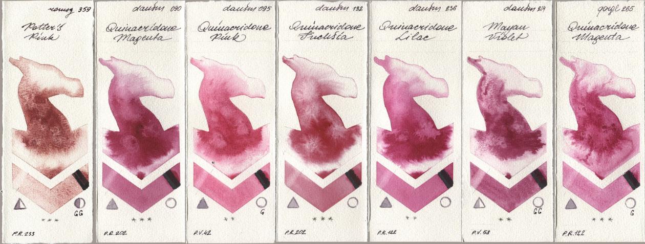 Roman Szmal Aquarius 359 Potters Pink, Daniel Smith 090 Quinacridone Magenta, 095 Quinacridone Pink, 132 Quinacridone Fuchsia, 236 Quinacridone Lilac, 214 Mayan Violet, Golden QOR 265 Quinacridone Magen watercolor swatch