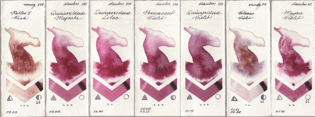 Roman Szmal Aquarius 359 Potters Pink, Daniel Smith 090 Quinacridone Magenta, 236 Quinacridone Lilac, 073 Permanent Violet, 094 Quinacridone Violet, Shminke Horadam Aquarell 914 Volcano Violet, 214 Mayan Viol watercolor swatch