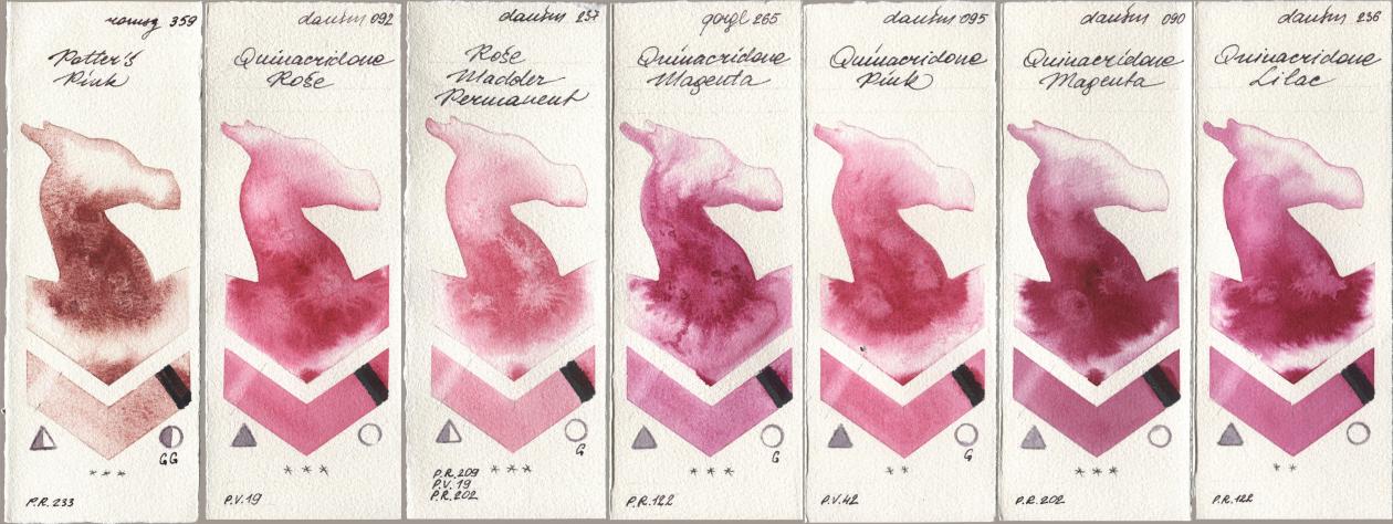 Roman Szmal Aquarius 359 Potters Pink, Daniel Smith 092 Quinacridone Rose, 237 Rose Madder Permanent, Golden QOR 265 Quinacridone Magenta, 095 Quinacridone Pink, 090 Quinacridone Magenta, 236 Quinacridone Lil watercolor swatch