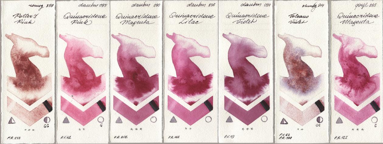 Roman Szmal Aquarius 359 Potters Pink, Daniel Smith 095 Quinacridone Pink, 090 Quinacridone Magenta, 236 Quinacridone Lilac, 094 Quinacridone Violet, Shminke Horadam Aquarell 914 Volcano Violet, Golden QOR 265 Quinacridone Magen watercolor swatch