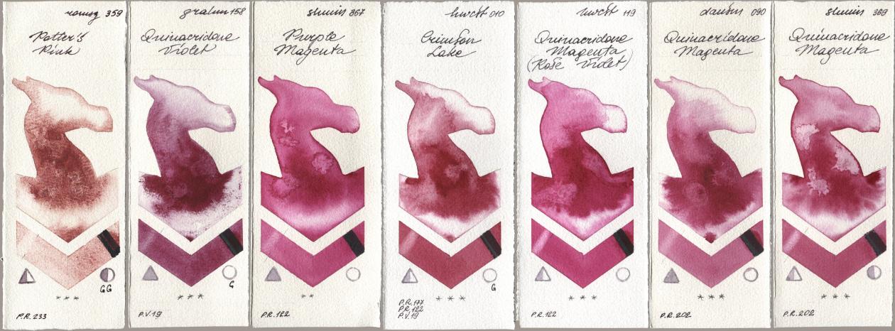 Roman Szmal Aquarius 359 Potters Pink, M. Graham & Co. Artists 158 Quinacridone Violet, Shminke Horadam Aquarell 367 Purple Magenta, Holbein Artists Watercolor 010 Crimson Lake, 119 Quinacridone Magenta (Rose Violet), Daniel Smith 090 Quinacridone Magenta, 369 Quinacridone Magen watercolor swatch