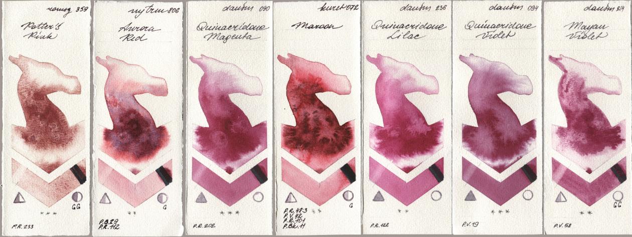 Roman Szmal Aquarius 359 Potters Pink, Mijello Mission Gold 806 Aurora Red, Daniel Smith 090 Quinacridone Magenta, Kuretake Gansai Tambi 072 Maroon, 236 Quinacridone Lilac, 094 Quinacridone Violet, 214 Mayan Viol watercolor swatch
