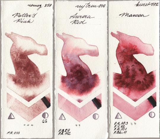 Roman Szmal Aquarius 359 Potters Pink vs Mijello Mission Gold 806 Aurora Red vs Kuretake Gansai Tambi 072 Maroon watercolor swatch
