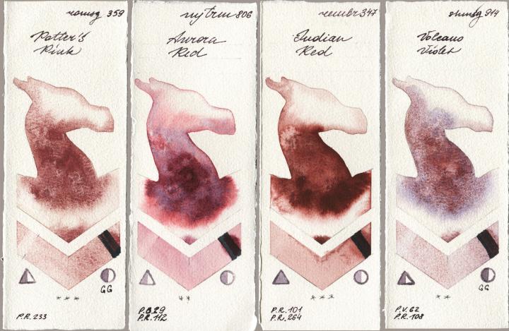 Roman Szmal Aquarius 359 Potters Pink vs Mijello Mission Gold 806 Aurora Red vs Royal Talens Rembrandt Watercolour 347 Indian Red vs Shminke Horadam Aquarell 914 Volcano Violet watercolor swatch