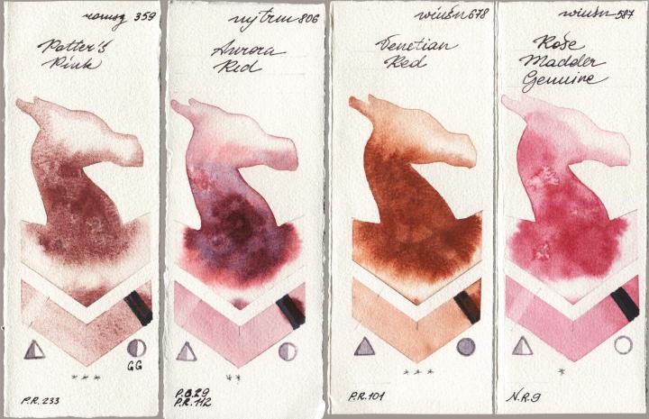 Roman Szmal Aquarius 359 Potters Pink vs Mijello Mission Gold 806 Aurora Red vs Winsor & Newton Professional 678 Venetian Red vs 587 Rose Madder Genuine watercolor swatch