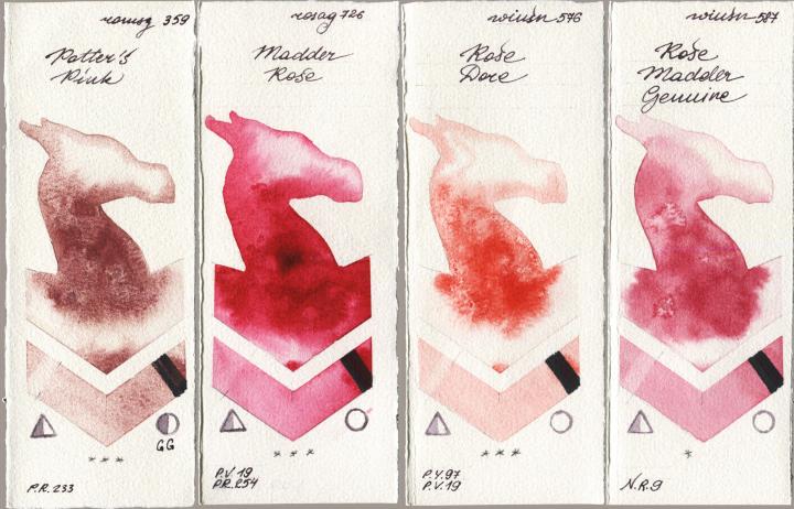 Roman Szmal Aquarius 359 Potters Pink vs Rosa Gallery 726 Madder Rose vs Winsor & Newton Professional 576 Rose Dore vs 587 Rose Madder Genuine watercolor swatch
