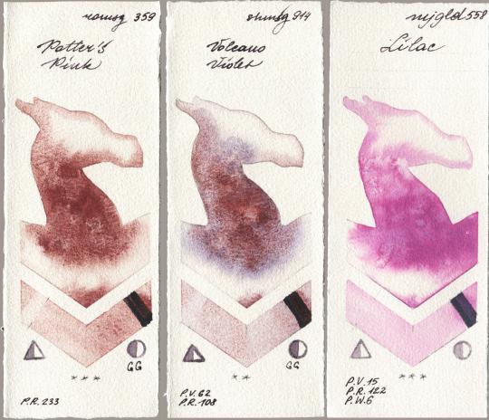 Roman Szmal Aquarius 359 Potters Pink vs Shminke Horadam Aquarell 914 Volcano Violet vs Mijello Mission Gold 558 Lilac watercolor swatch