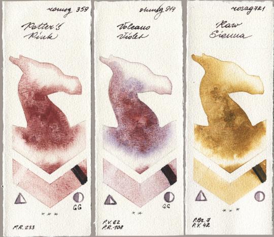 Roman Szmal Aquarius 359 Potters Pink vs Shminke Horadam Aquarell 914 Volcano Violet vs Rosa Gallery 721 Raw Sienna watercolor swatch
