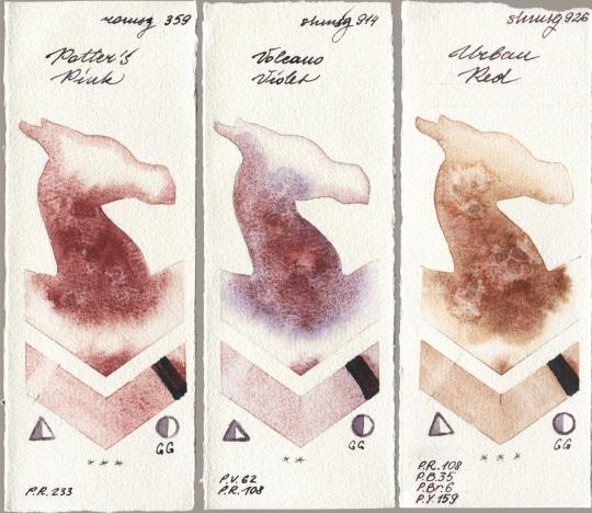 Roman Szmal Aquarius 359 Potters Pink vs Shminke Horadam Aquarell 914 Volcano Violet vs 926 Urban Red watercolor swatch