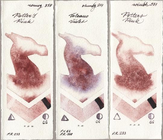 Roman Szmal Aquarius 359 Potters Pink, Shminke Horadam Aquarell 914 Volcano Violet, Winsor & Newton Professional 537 Potters Pi watercolor swatch