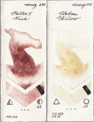 Roman Szmal Aquarius 359 Potters Pink vs Shminke Horadam Aquarell 916 Urban Yellow watercolor swatch