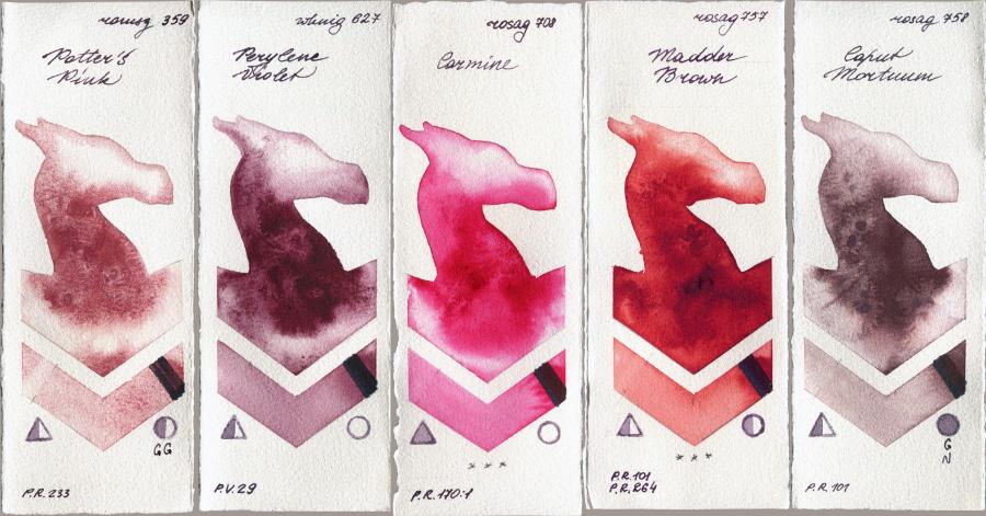 Roman Szmal Aquarius 359 Potters Pink vs  627 Perylene Violet vs Rosa Gallery 708 Carmine vs 757 Madder Brown vs 758 Caput Mortuum watercolor swatch