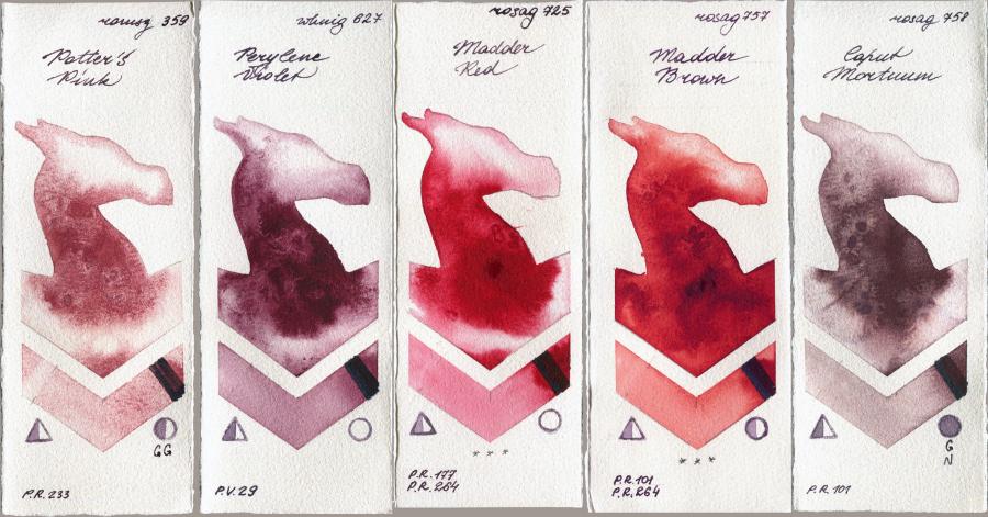 Roman Szmal Aquarius 359 Potters Pink vs  627 Perylene Violet vs Rosa Gallery 725 Madder Red vs 757 Madder Brown vs 758 Caput Mortuum watercolor swatch