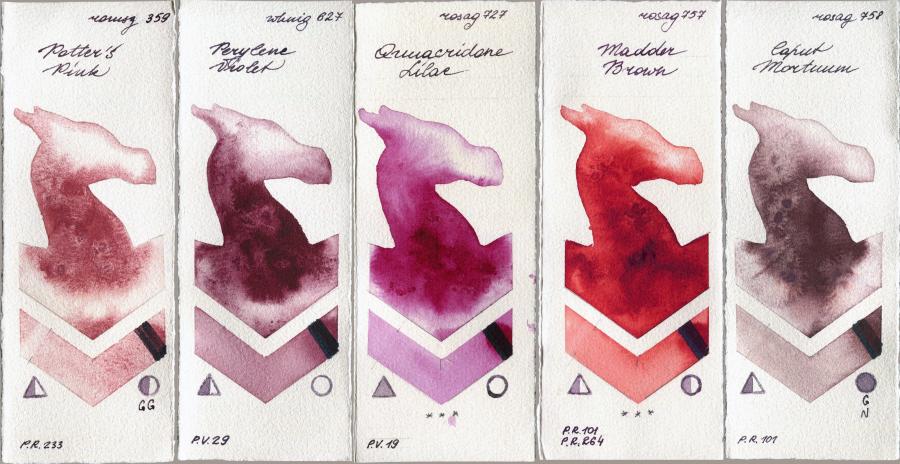 Roman Szmal Aquarius 359 Potters Pink vs  627 Perylene Violet vs Rosa Gallery 727 Quinacridone Lilac vs 757 Madder Brown vs 758 Caput Mortuum watercolor swatch